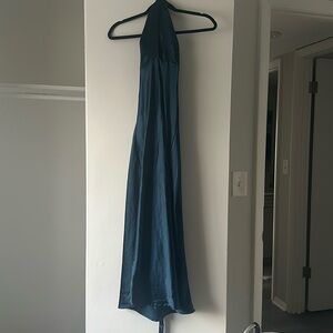 Elegant Blue Satin Halter Dress